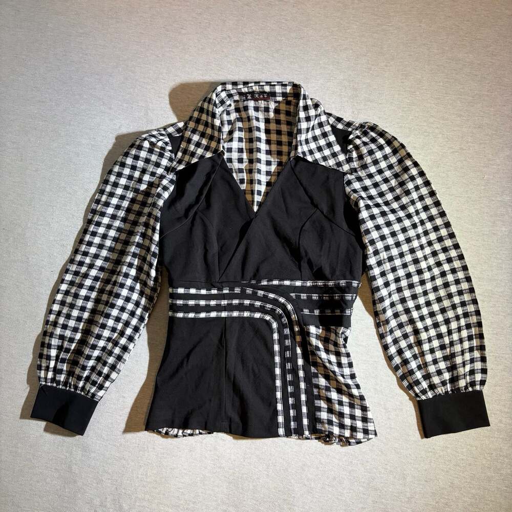 K & T Black and White Gingham Long Sleeve Blouse with Solid Black V-Neck Panel